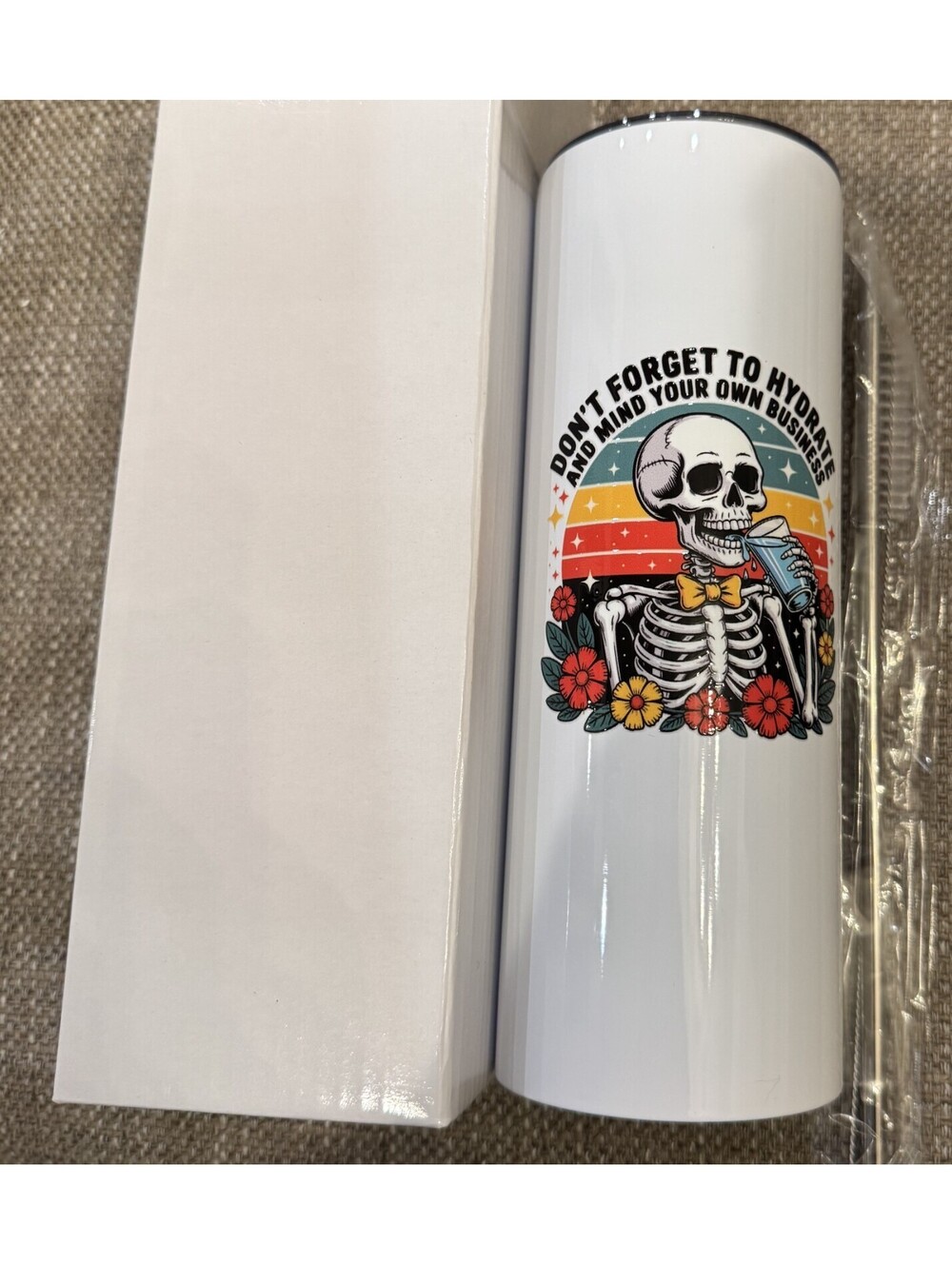 New White 20 Oz Skinny Tumbler Skull Custom Saying Water Bottle Metal Straw